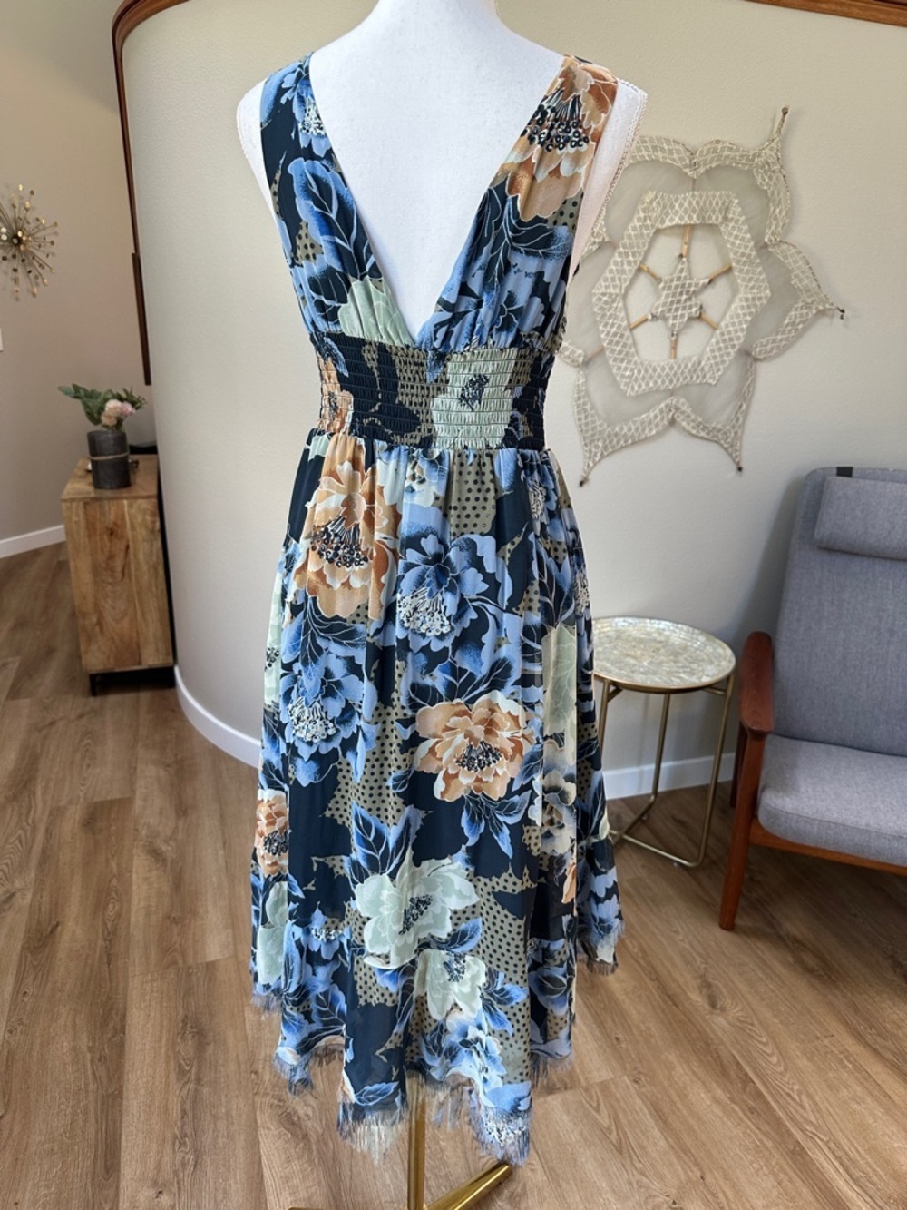 Free People Navy Multi Floral Midi Dress with Crochet Waistband - Picture 4 of 13